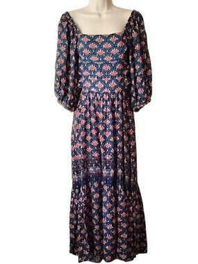 Farm Rio Brasil Smocked Back Cutout Sides Midi Dress S Blue Gold Medallion Fans